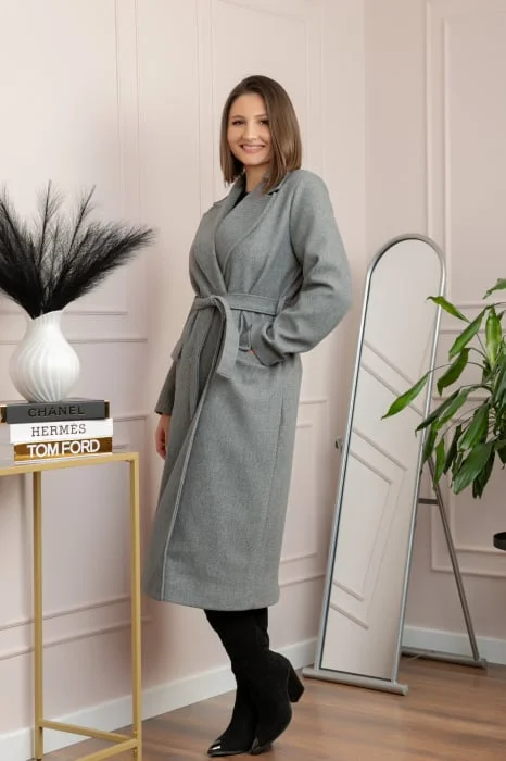 Palton lung elegant Erika cu cordon si buzunare - Gri