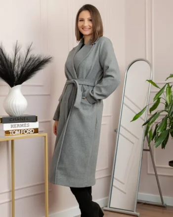 Palton lung elegant Erika cu cordon si buzunare - Gri