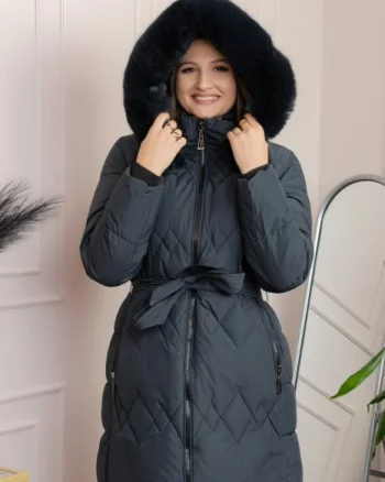 Geaca lunga matlasata din fas Valerie cu gluga detasabila si cordon - Bleumarin