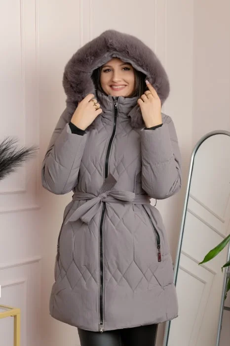 Geaca lunga matlasata din fas Valerie cu gluga detasabila si cordon - Gri lavanda
