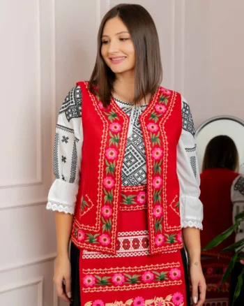 Vesta traditionala rosie cu broderie florala roz Lacramioara