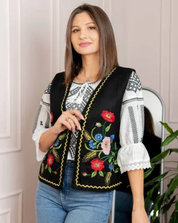 Vesta traditionala neagra cu broderie florala multicolora Laura