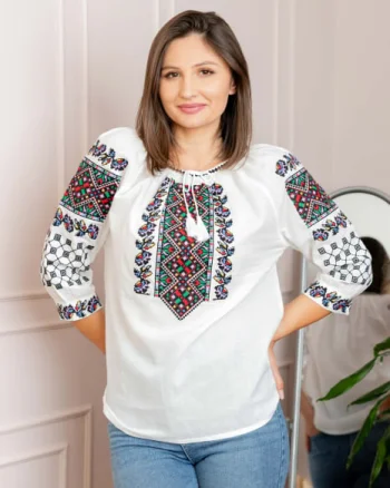 Ie traditionala alba cu motiv floral multicolor Selena 02