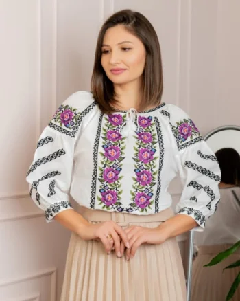 Bluza tip ie alba cu motiv floral mov Iolanda