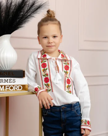 Camasa traditionala de baieti alba cu motiv floral rosu Casian