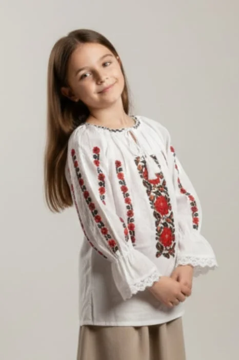 Ie traditionala alba pentru fetite cu motiv floral rosu Carmen
