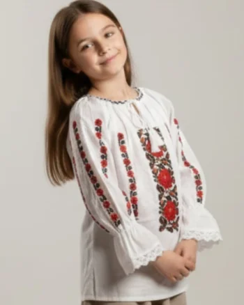 Ie traditionala alba pentru fetite cu motiv floral rosu Carmen