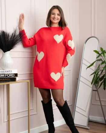 Pulover tip rochie Taylor cu inimioare aurii din fir lame - Rosu