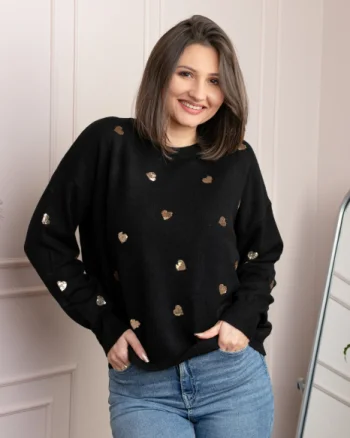 Pulover negru Riley cu inimioare din paiete aurii
