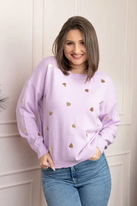Pulover lila Riley cu inimioare din paiete aurii