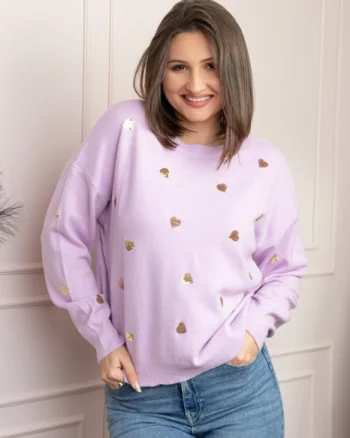 Pulover lila Riley cu inimioare din paiete aurii