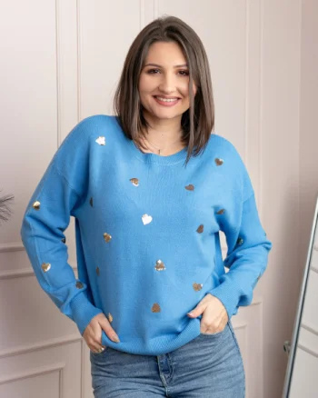 Pulover albastru Riley cu inimioare din paiete aurii