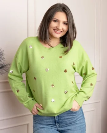 Pulover verde praz Riley cu inimioare din paiete aurii