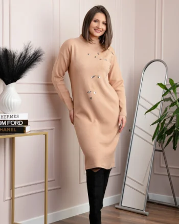 Rochie tricotata crem Katherine cu flori in relief si paiete argintii