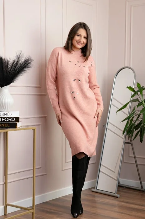 Rochie tricotata roz somon Katherine cu flori in relief si paiete argintii