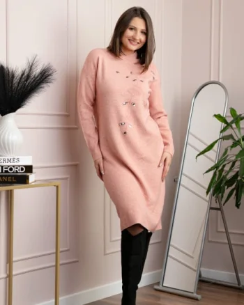 Rochie tricotata roz somon Katherine cu flori in relief si paiete argintii