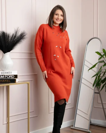 Rochie tricotata caramizie Katherine cu flori in relief si paiete argintii