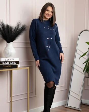 Rochie tricotata bleumarin Katherine cu flori in relief si paiete argintii