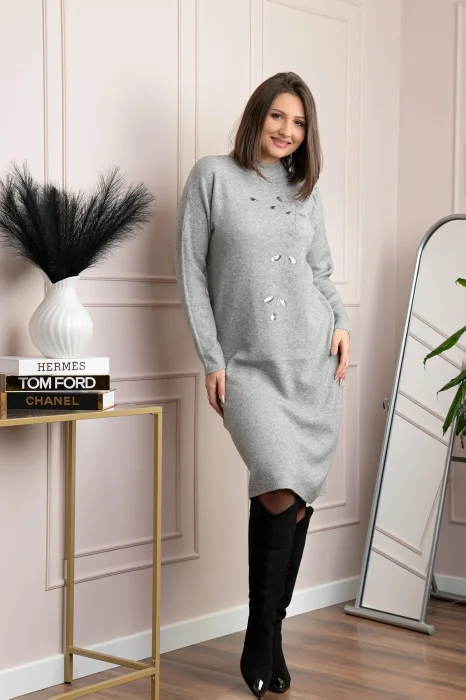 Rochie tricotata gri Katherine cu flori in relief si paiete argintii