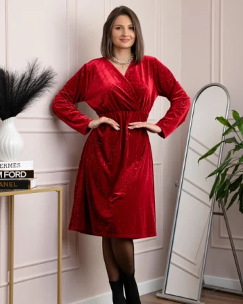 Rochie eleganta din catifea Alexa cu strasuri si croi petrecut - Rosu