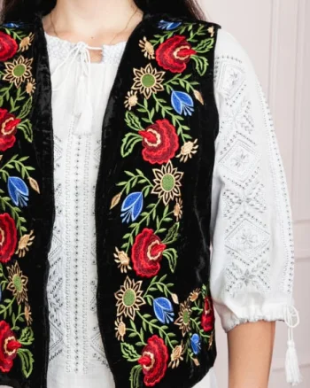 Vesta traditionala neagra cu broderie florala multicolora Ilinca