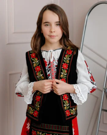 Vesta traditionala neagra pentru fetite cu broderie florala rosie Sonia 02