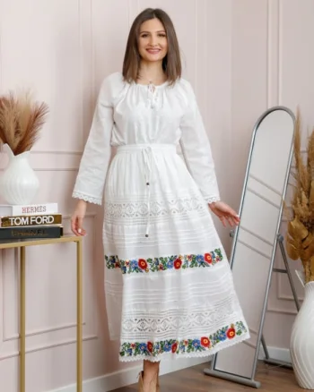 Fusta traditionala alba cu broderie florala multicolora Silvana