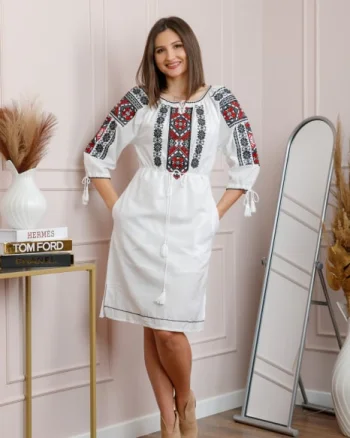 Rochie alba cu motiv geometric rosu Dorina