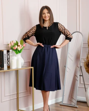 Fusta office plisata bleumarin cu pliuri largi 02
