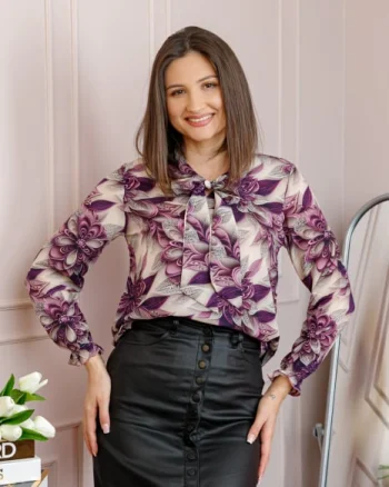 Bluza eleganta Nathalie cu funda la gat si imprimeu mov si bej