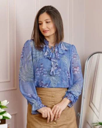 Bluza eleganta albastra Lucienne cu imprimeu bleu si jabou