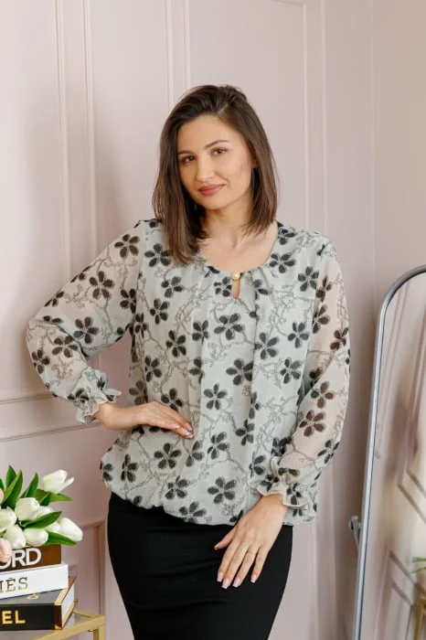 Bluza dama Pauline din voal gri cu imprimeu floral negru