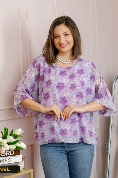 Bluza dama Maddie din voal lila cu imprimeu floral mov
