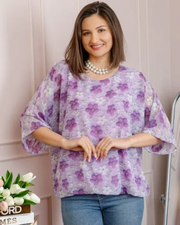 Bluza dama Maddie din voal lila cu imprimeu floral mov