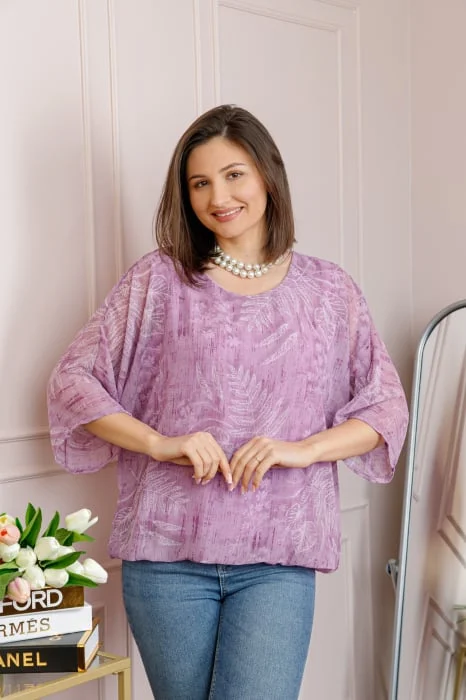 Bluza dama Maddie din voal lila cu imprimeu floral alb