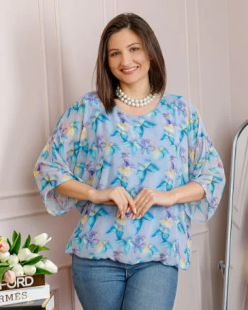 Bluza dama Maddie din voal bleu cu imprimeu floral turcoaz