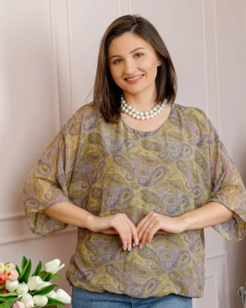 Bluza dama Maddie din voal bej cu imprimeu floral verde olive