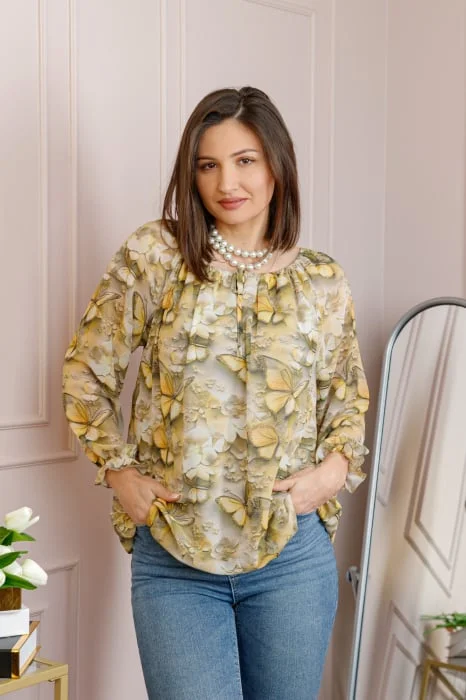 Bluza dama din voal bej cu fluturi galbeni Georgia