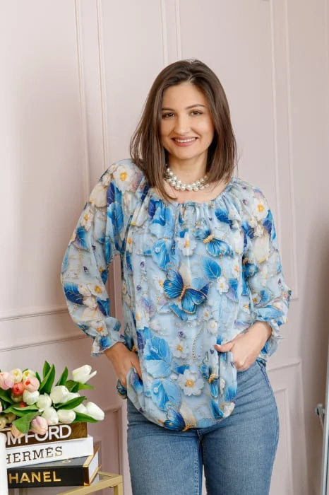 Bluza dama din voal bleu cu fluturi albastru regal Georgia