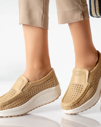 Pantofi dama casual camel piele naturala flori