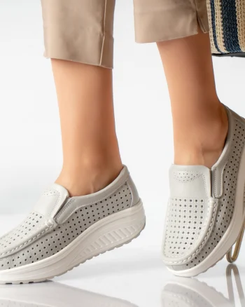 Pantofi dama casual gri piele naturala flori