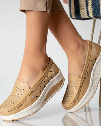 Pantofi dama casual bej piele naturala perla