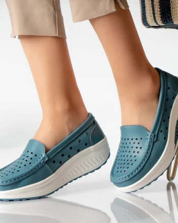Pantofi dama casual albastri piele naturala perla