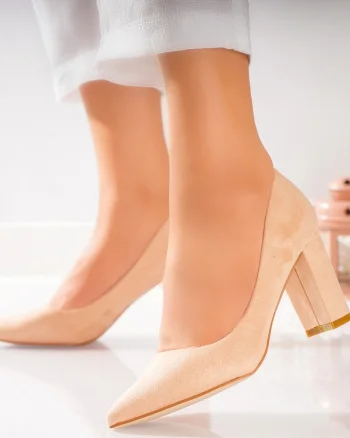 Pantofi dama cu toc Bej din Piele Ecologica Intoarsa Rimva