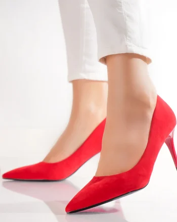 Pantofi dama cu toc Rosii din Piele Ecologica Intoarsa Velu