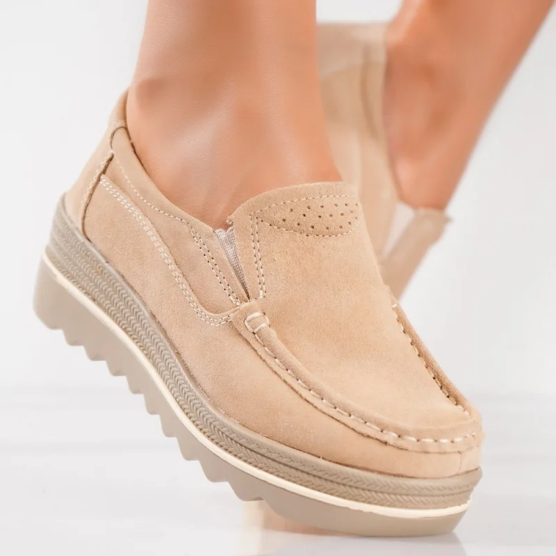 Pantofi dama cu platforma Bej din Piele Naturala Intoarsa khadye