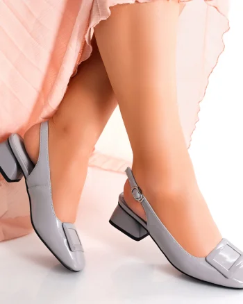 Pantofi dama cu toc Gri din Piele Naturala Lacuita Anezel