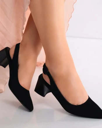 Pantofi dama cu toc Negri din Piele Naturala Intoarsa Lezena