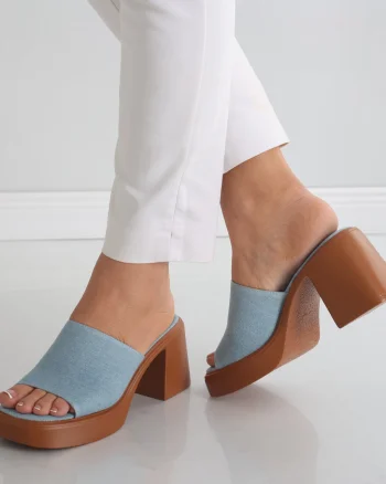 Papuci dama cu toc Albastri din Textil/Blug Minyl