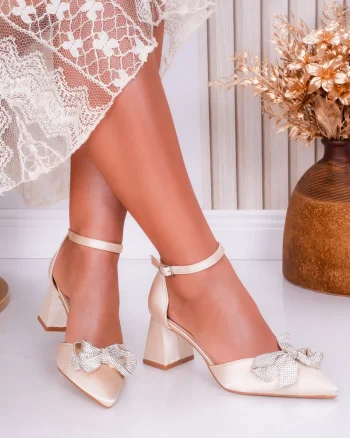 Pantofi dama cu toc Bej din Satin Enzo